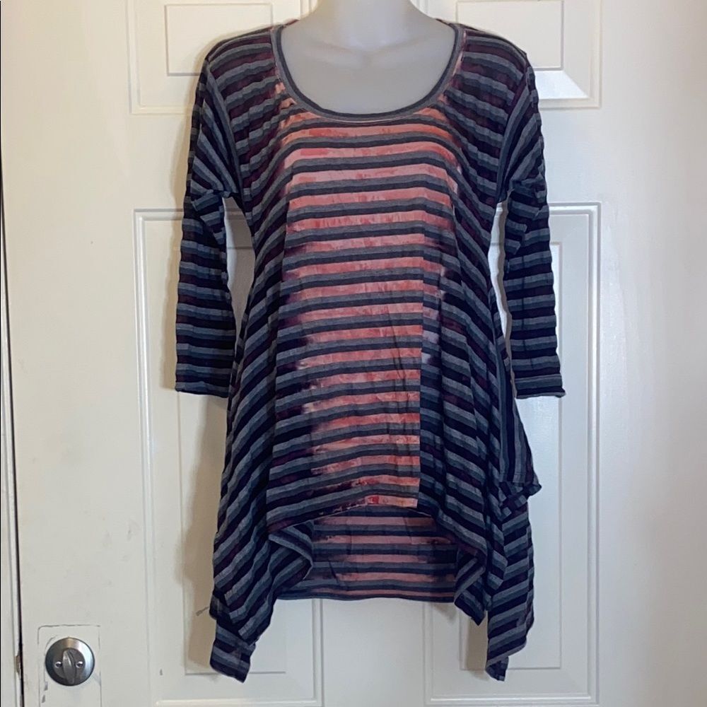 Language Pink And Blue Asymmetrical Tunic With 3/4 Sleeves
